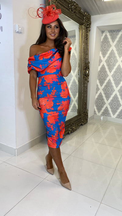 Teal/Orange Drape Shoulder Midi Bodycon Dress