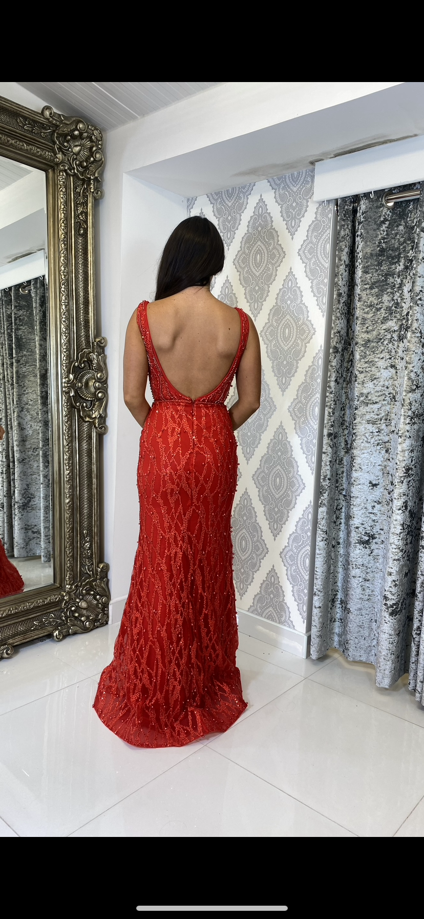 Red Lace & Pearl Evening Gown