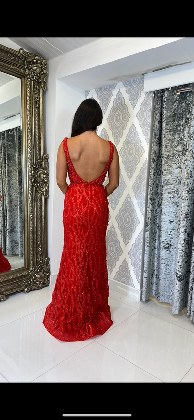 Red Lace & Pearl Evening Gown