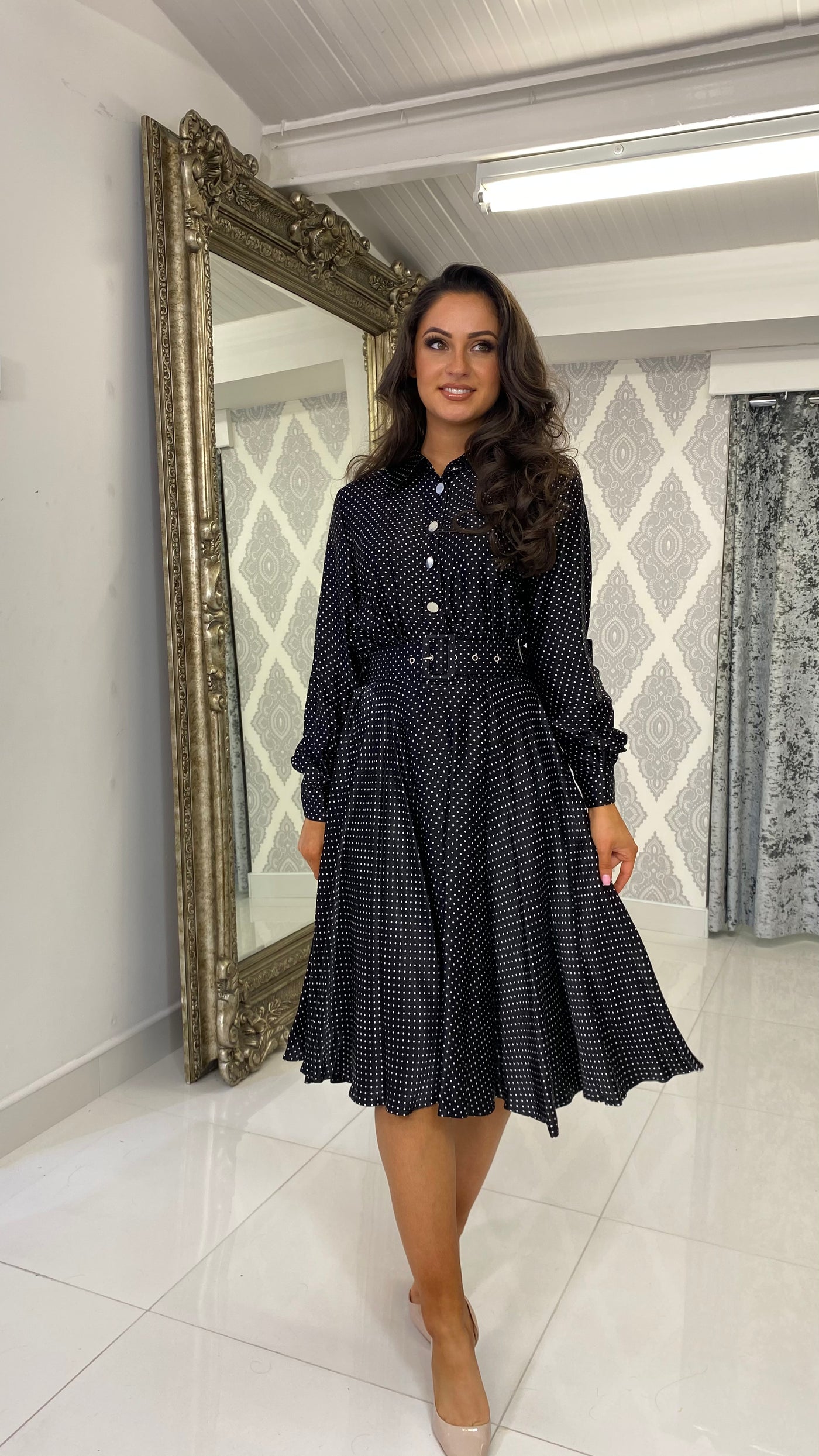Black Silk Shirt Dress With White Dots – Rosies Closet