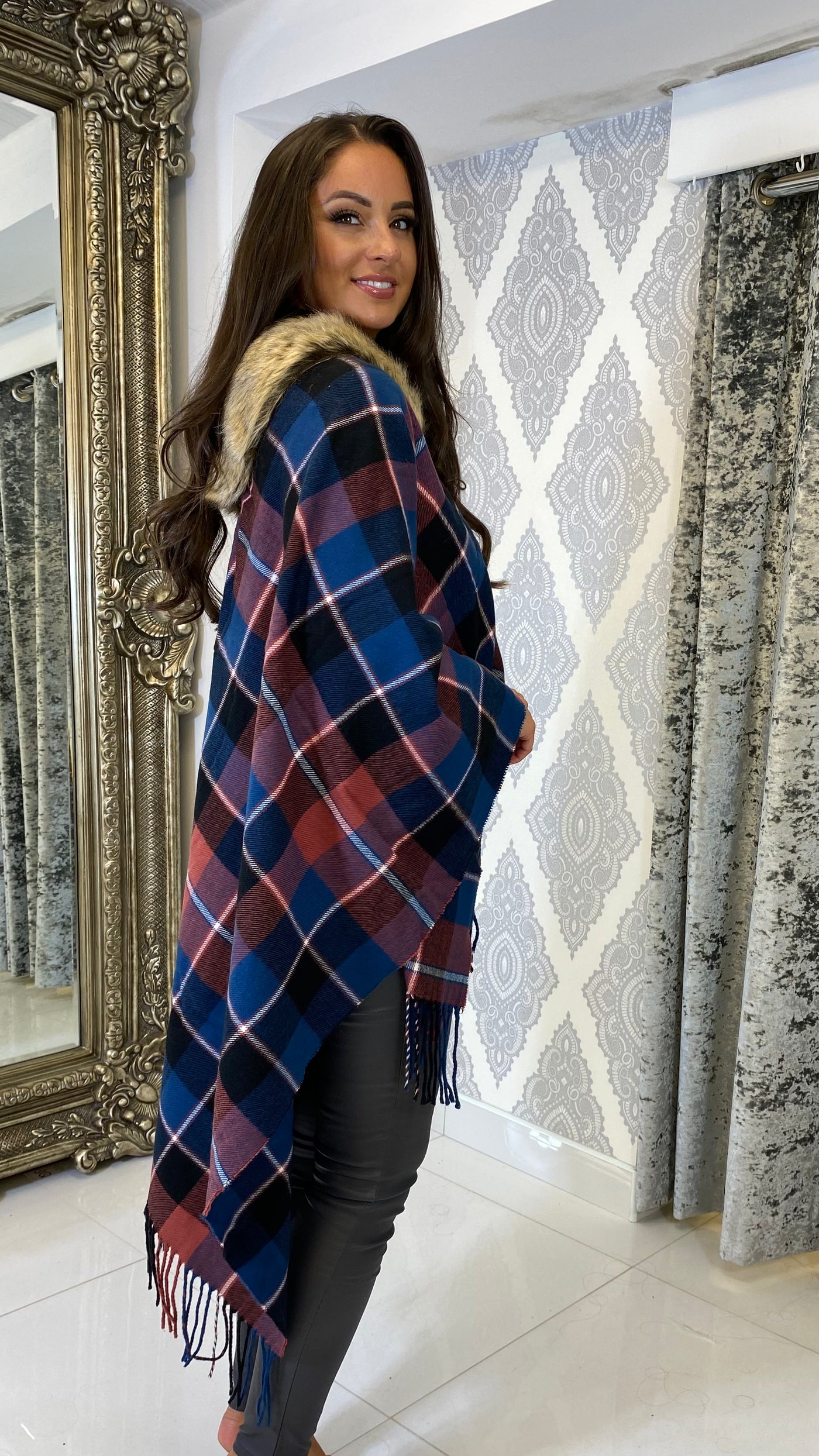 Burgundy/Blue Tartan Faux Fur Wrap