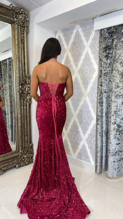 Fuchsia Sequin Lace-up Evening Gown