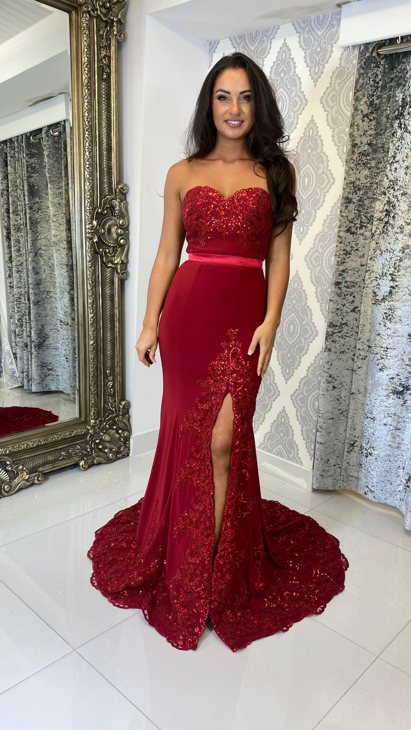 Red Strapless Leg Split Evening Gown