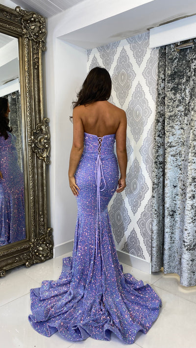 Lilac Sequin Strapless Lace-up Evening Gown