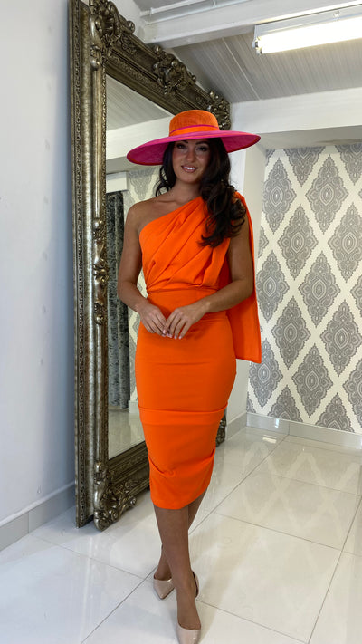 Orange Drape One Shoulder Dress