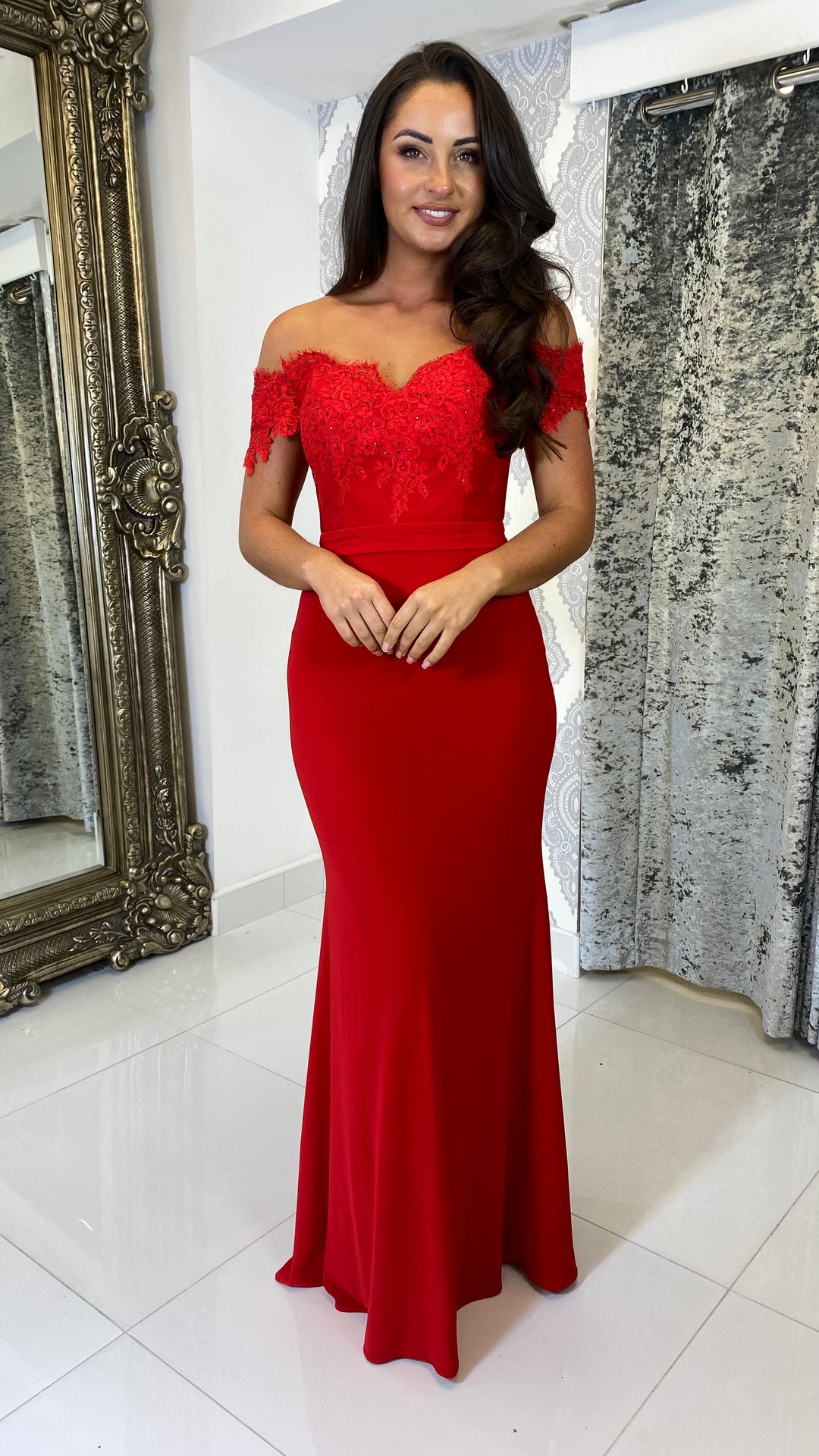 Red Lace Top Bardot Evening Gown  Rosies Closet