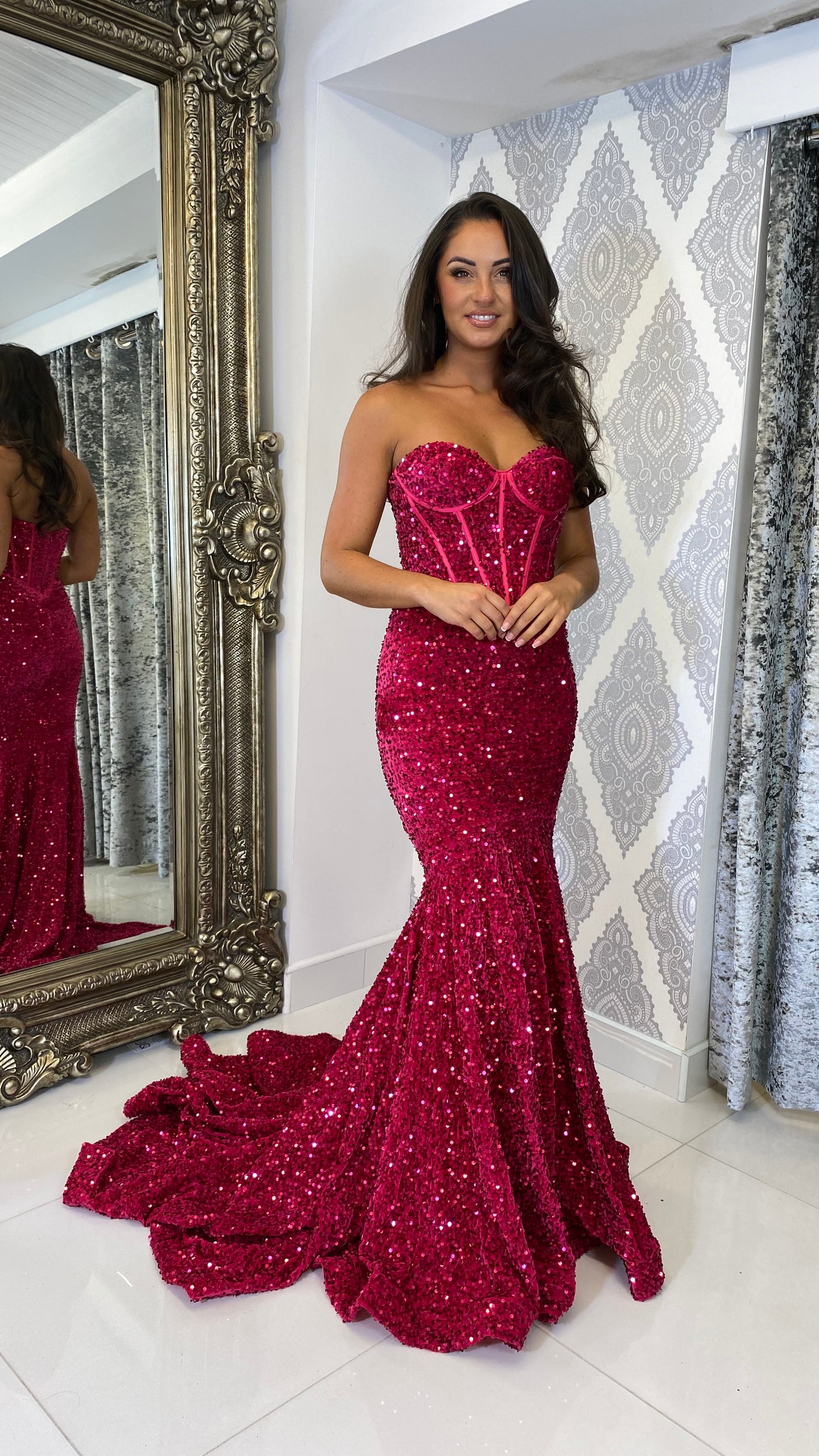 Fuchsia Sequin Corset Strapless Evening Gown