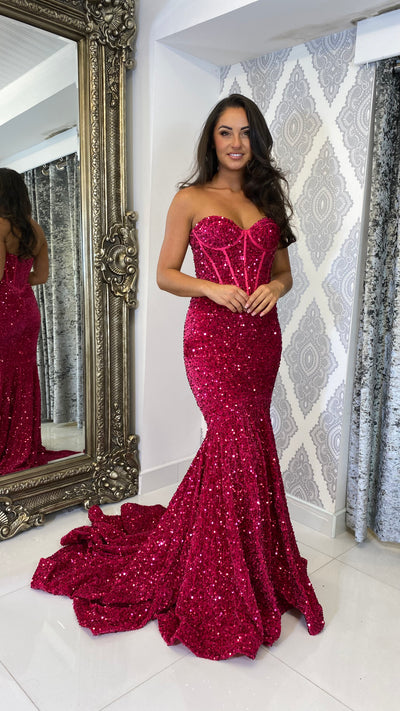 Fuchsia Sequin Corset Strapless Evening Gown
