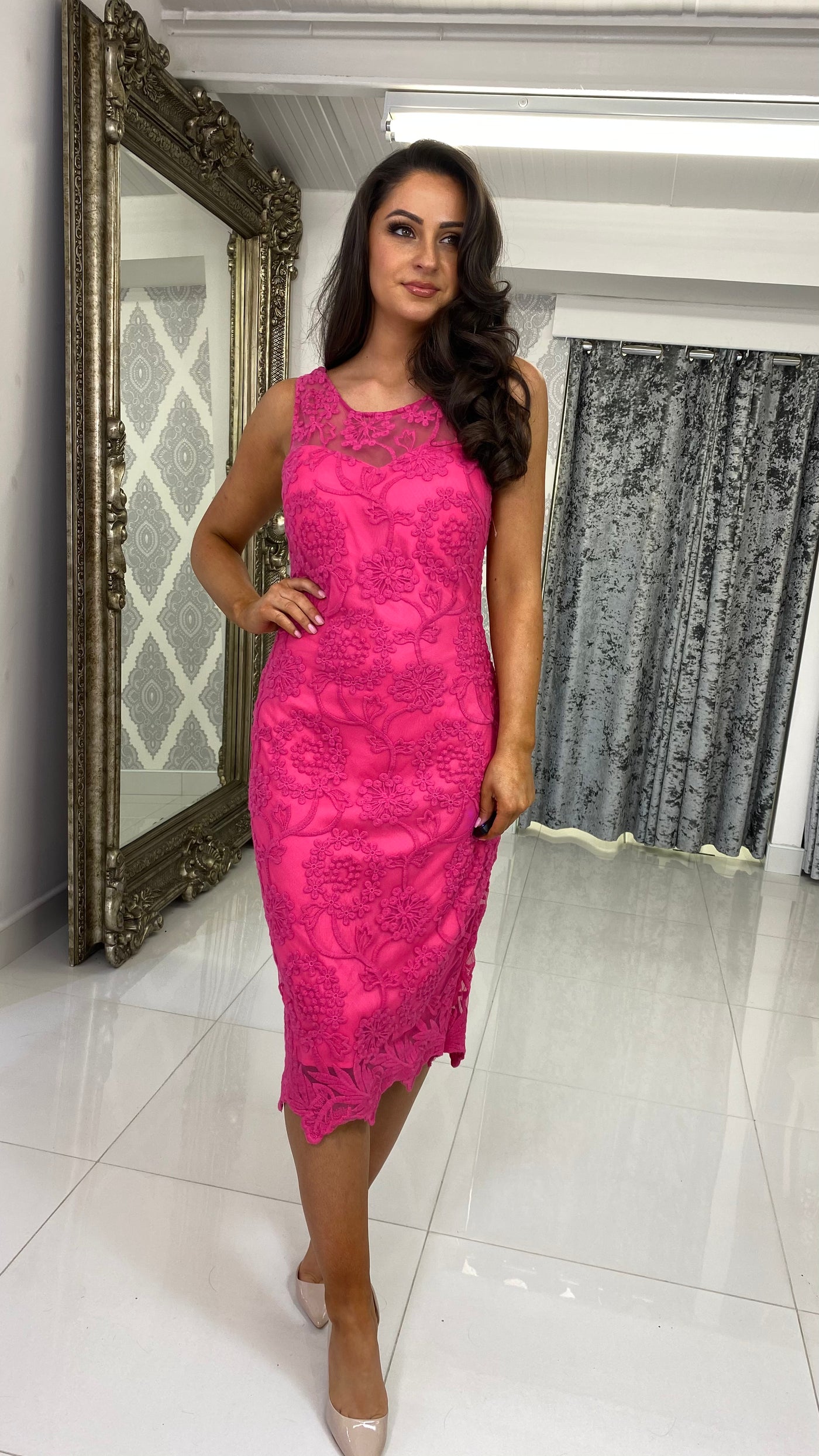 Fuchsia Pink Lace Overlay Midi Dress