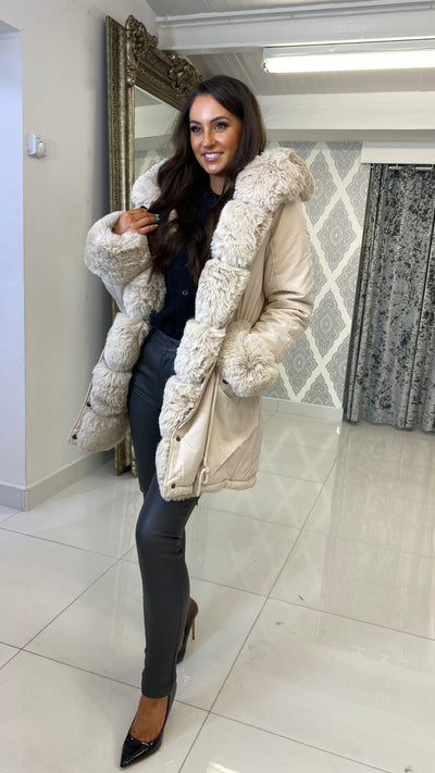 Cream Faux Fur Long Puffer Coat