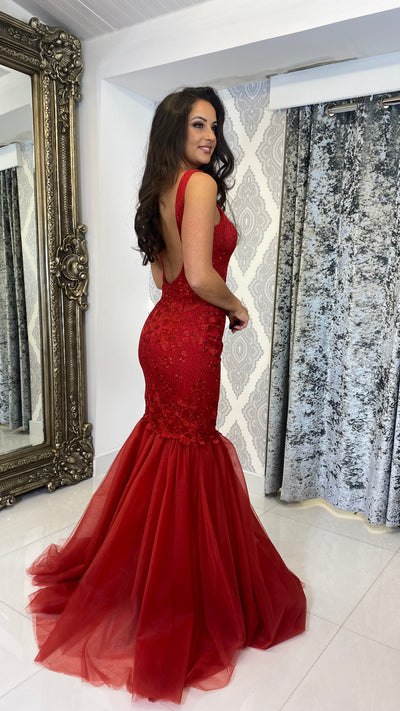 Red Lace High Neck Backless Fishtail Evening Gown Rosies Closet