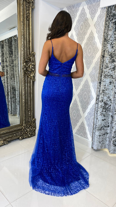 Cobalt Blue Sequin Plunge Neck Evening Gown