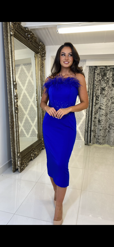 Feather Detailed Midi Cocktail Dress In Royal Blue