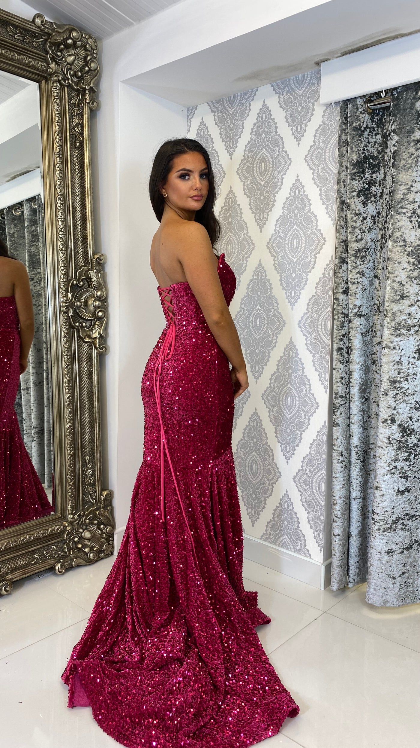 Fuchsia Sequin Lace-up Evening Gown