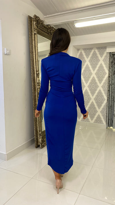 Midi Ruched Front Cocktail Dress In Royal Blue