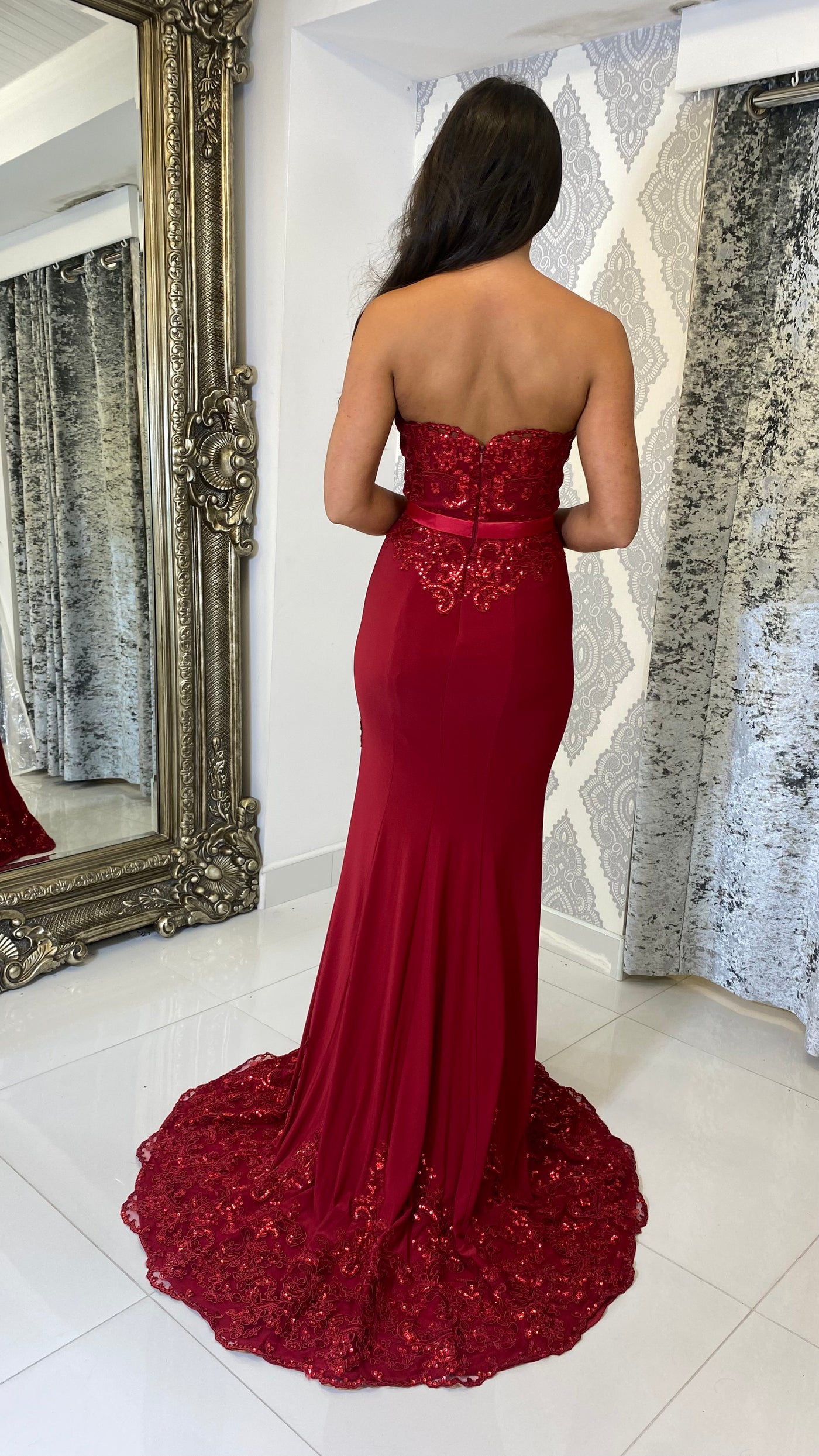 Red Strapless Leg Split Evening Gown