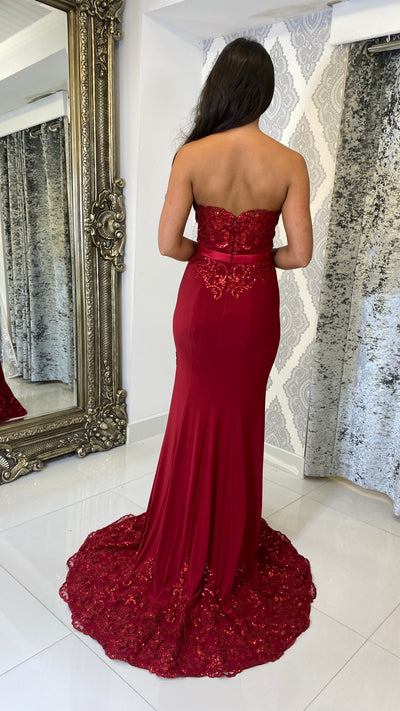 Red Strapless Leg Split Evening Gown