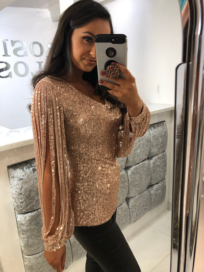 Rose Gold Sequin Tassel Long Sleeve Top