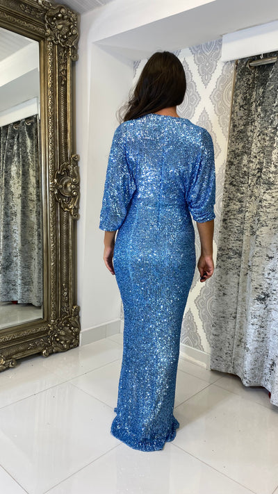 Blue Sequin Full Length Bat-Wing Sleeve Cocktail Dress