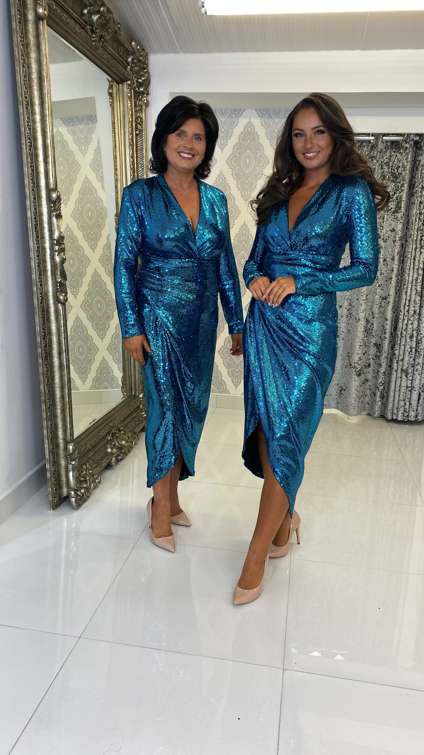 Petrol Blue Sequin Midi Wrap Party Dress