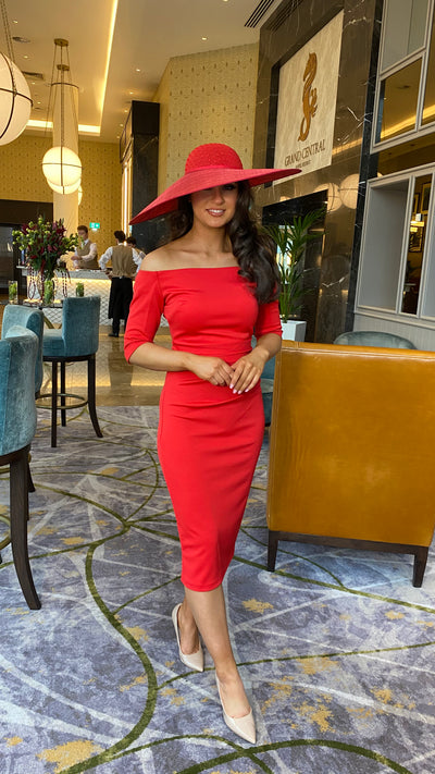 Red 3/4 Sleeve Bow Back Dress In Red