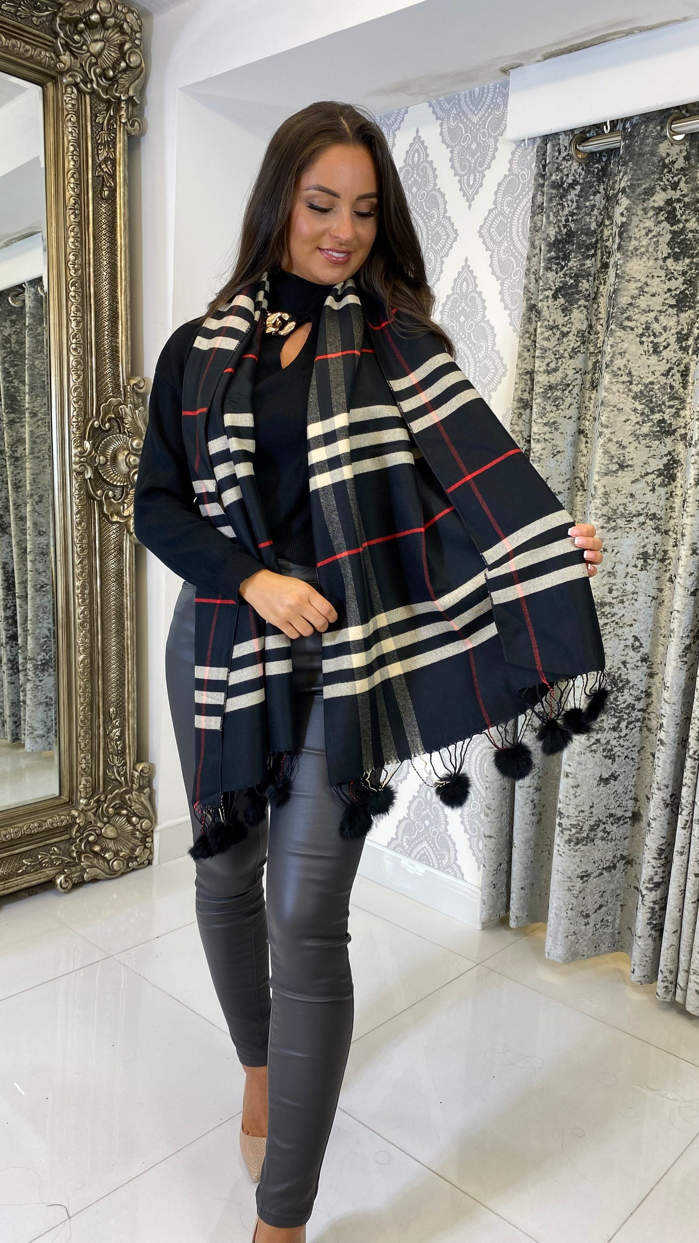 Black Check Pom-Pom Wool Winter Scarf