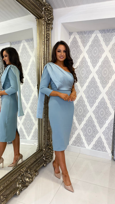 One Shoulder Wedding Guest Dress in Sage Blue
