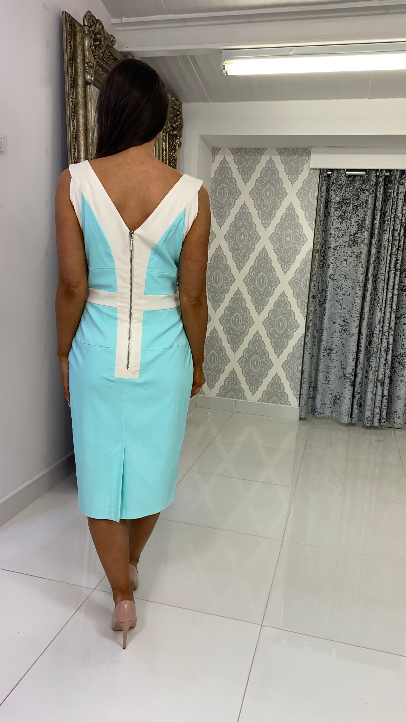 Blue and Ivory V Neck Midi Dress