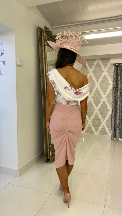 Blush Pink Floral Drape Shoulder Midi Bodycon Dress