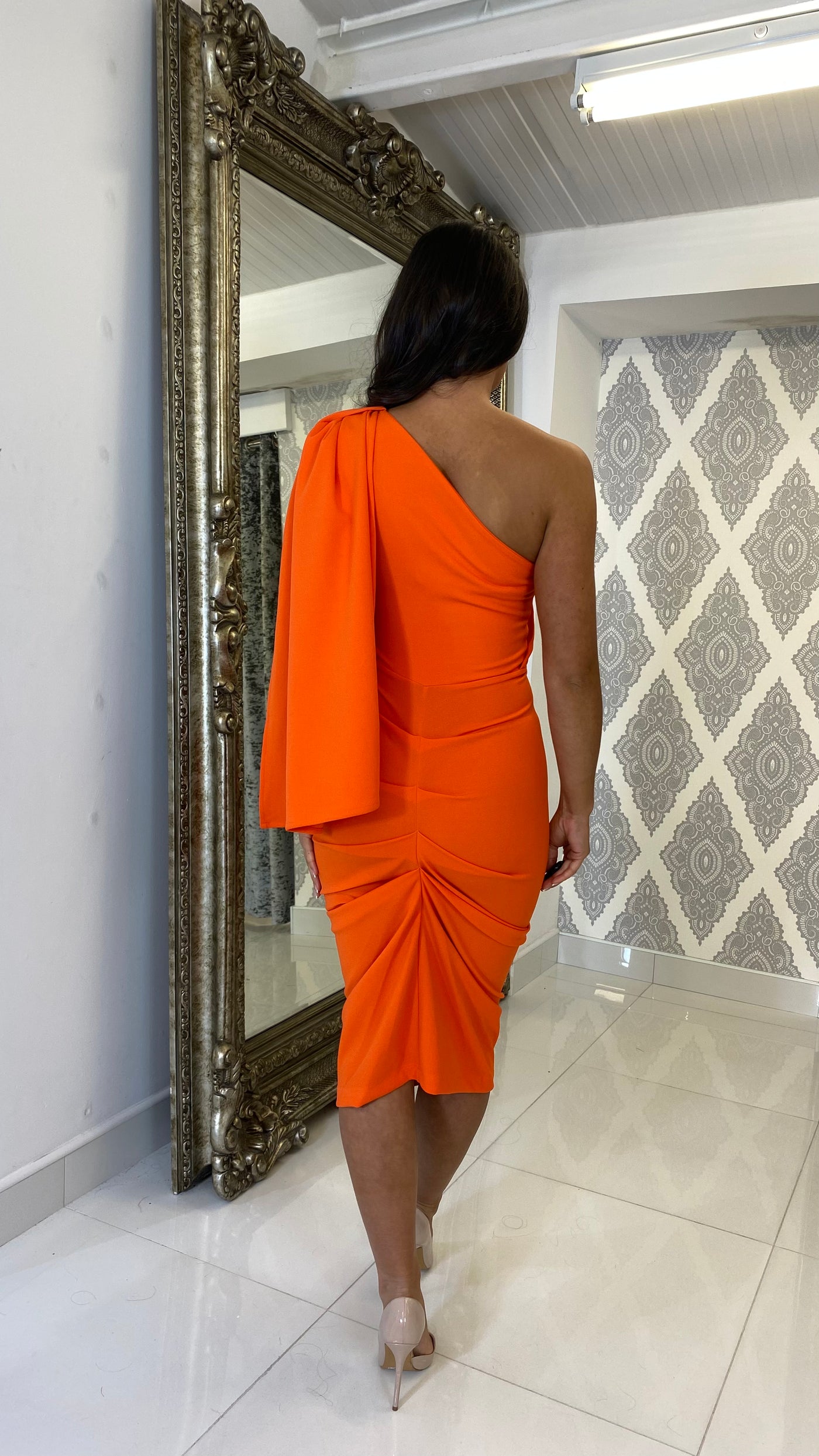 Orange Drape One Shoulder Dress