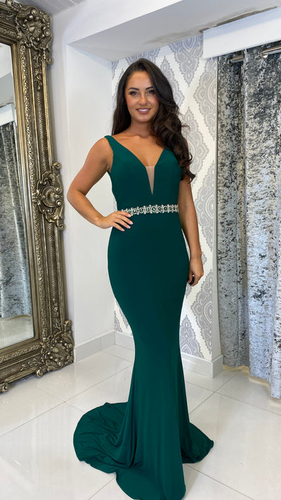 Forest Green Plunge Neck - Diamonte Belt Evening Gown