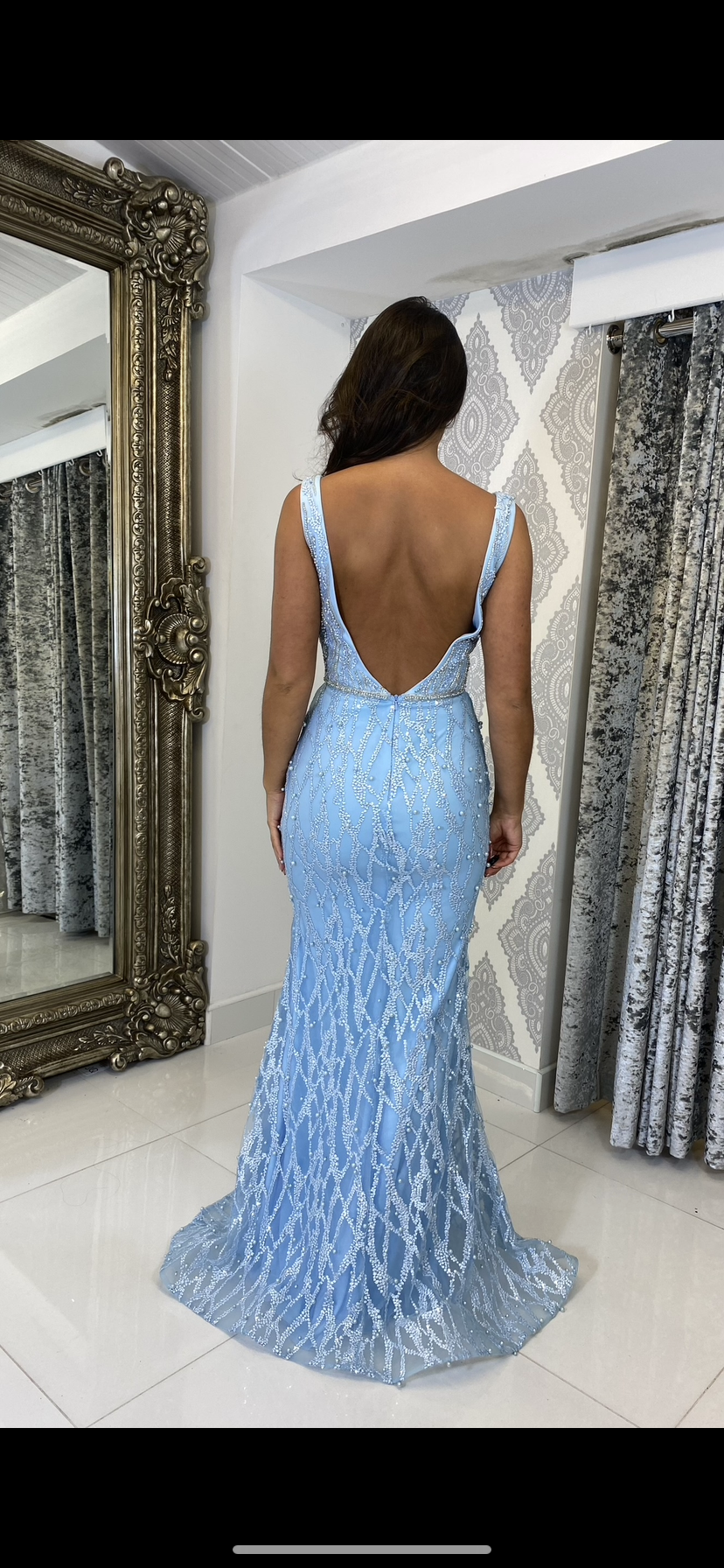 Baby Blue Lace & Pearl Evening Gown