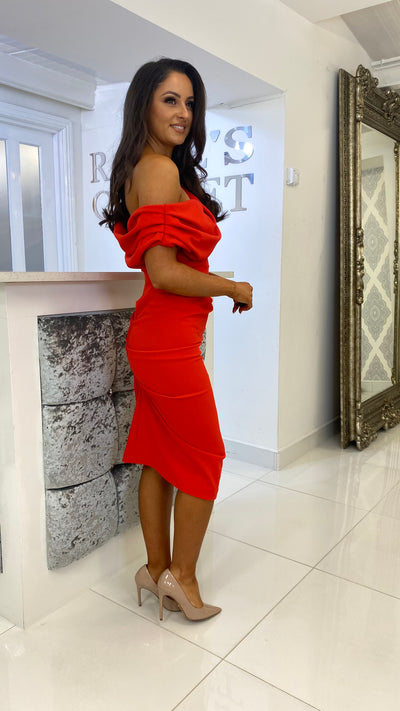 Coral Drape Off One Shoulder Midi Bodycon Dress