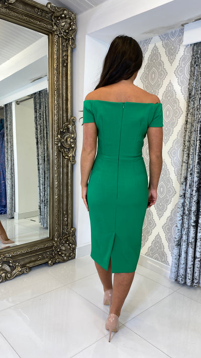 Emerald Green Pointed Bardot Midi Dress