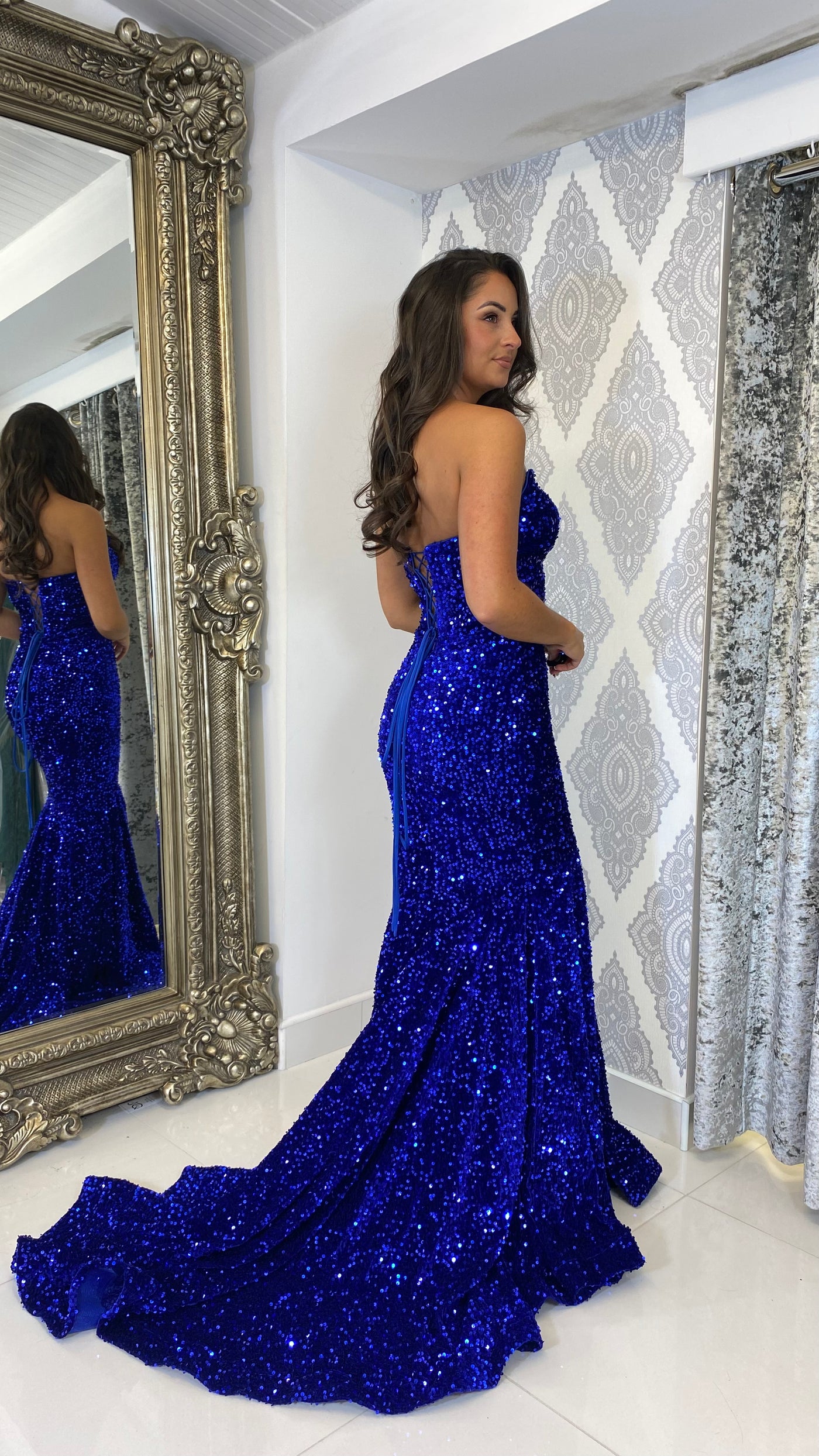 Cobalt Blue Sequin Strapless Evening Gown