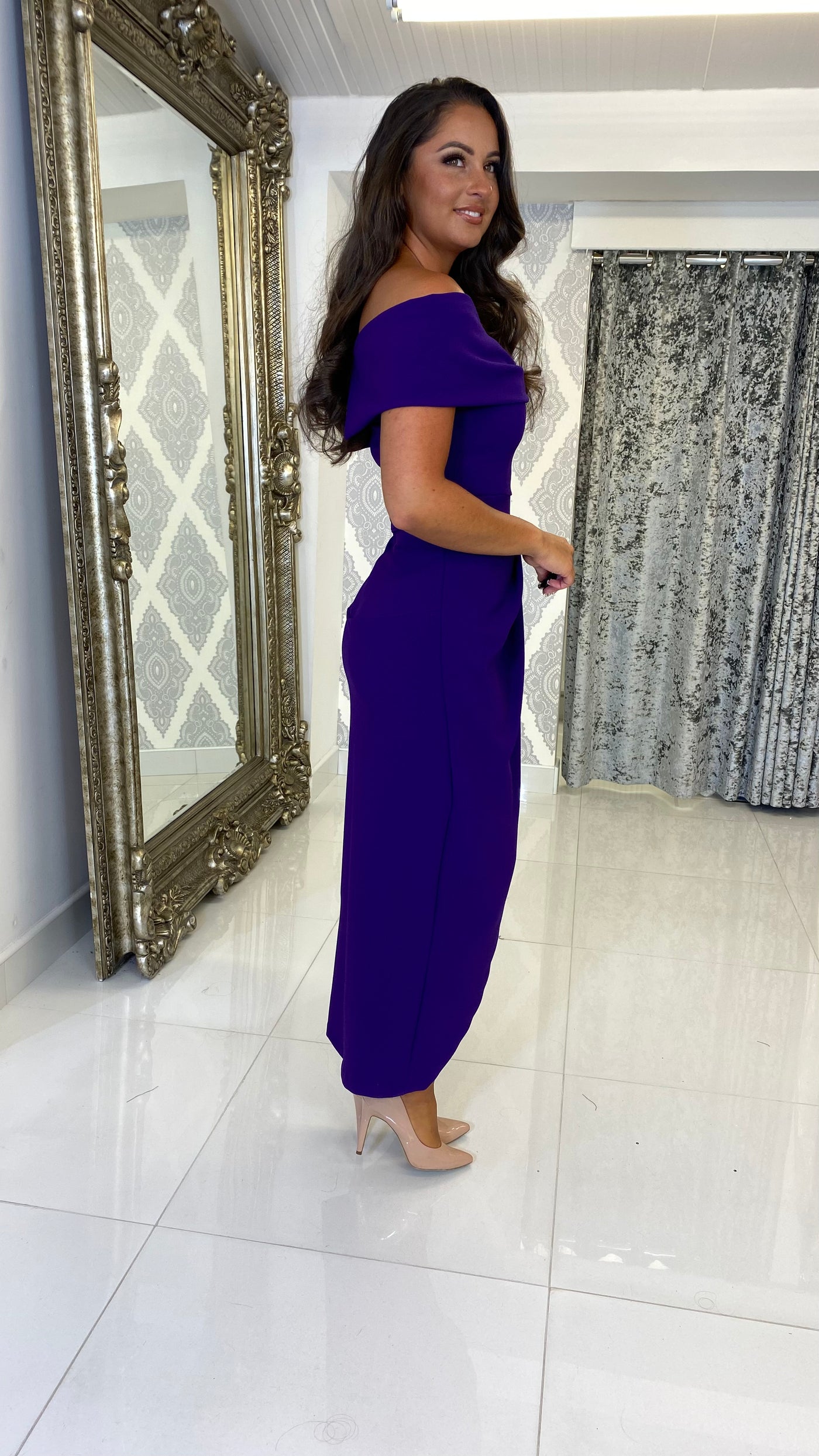 Purple Bardot Long Midi Dress
