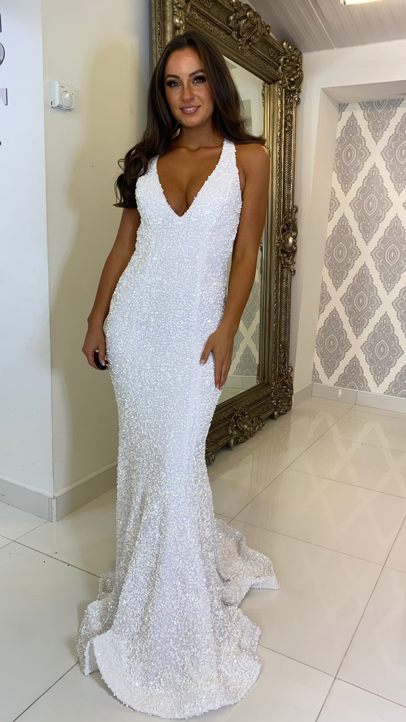 White Sequin Plunge Neck Backless Evening Gown Rosies Closet