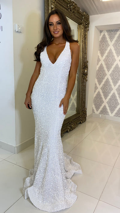 White Sequin Plunge Neck Backless Evening Gown