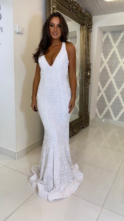 White Sequin Plunge Neck Backless Evening Gown