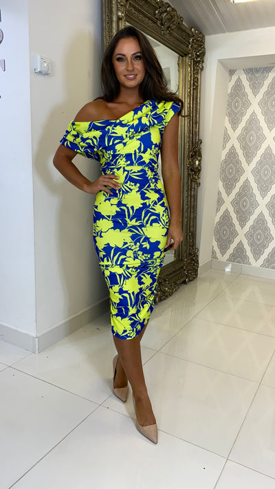Cobalt and Lime Floral Print Drape Shoulder Midi Bodycon Dress