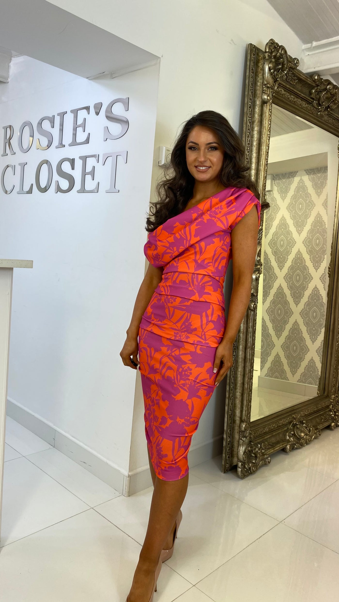 Pink and Orange Drape Shoulder Midi Bodycon Dress