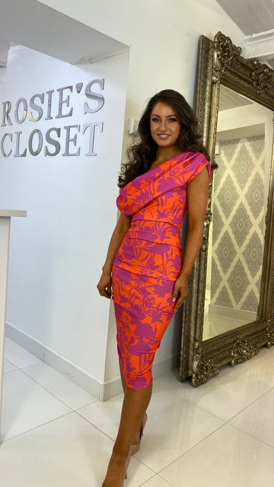 Pink and Orange Drape Shoulder Midi Bodycon Dress