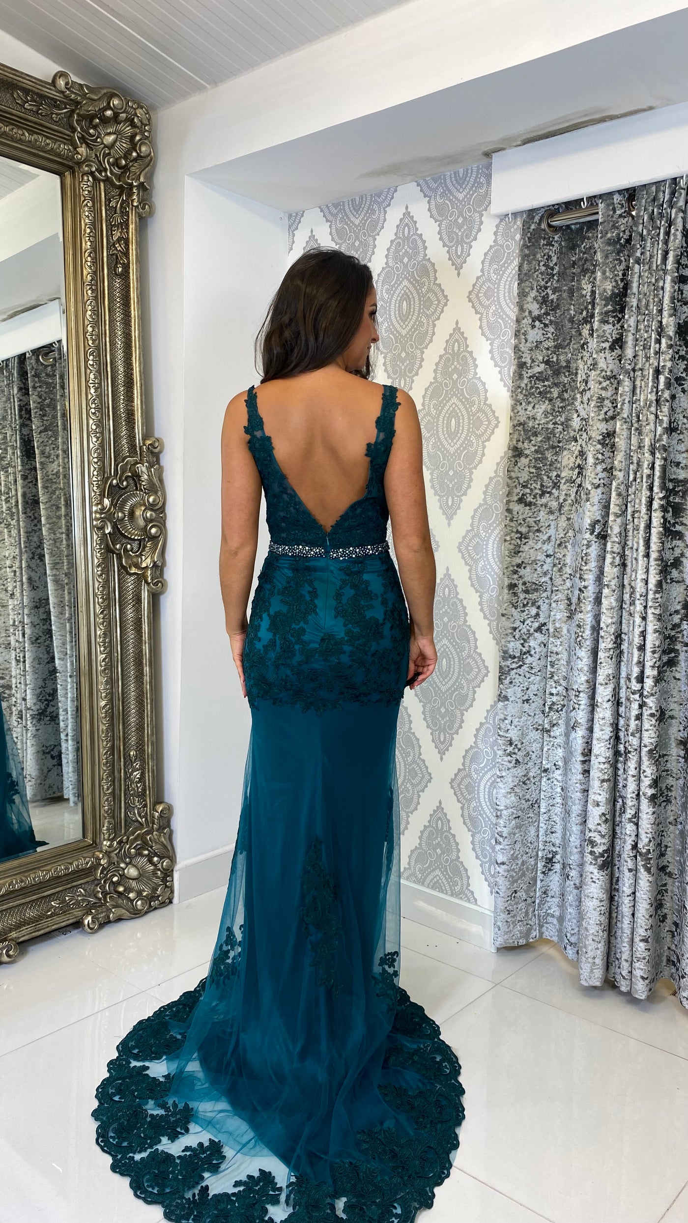 Green Lace V-Neck Evening Gown