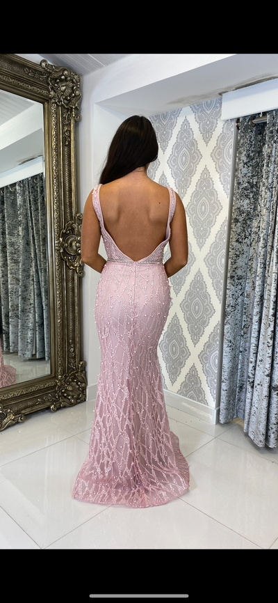Pink Lace & Pearl Detailed Open Back Prom Evening Gown