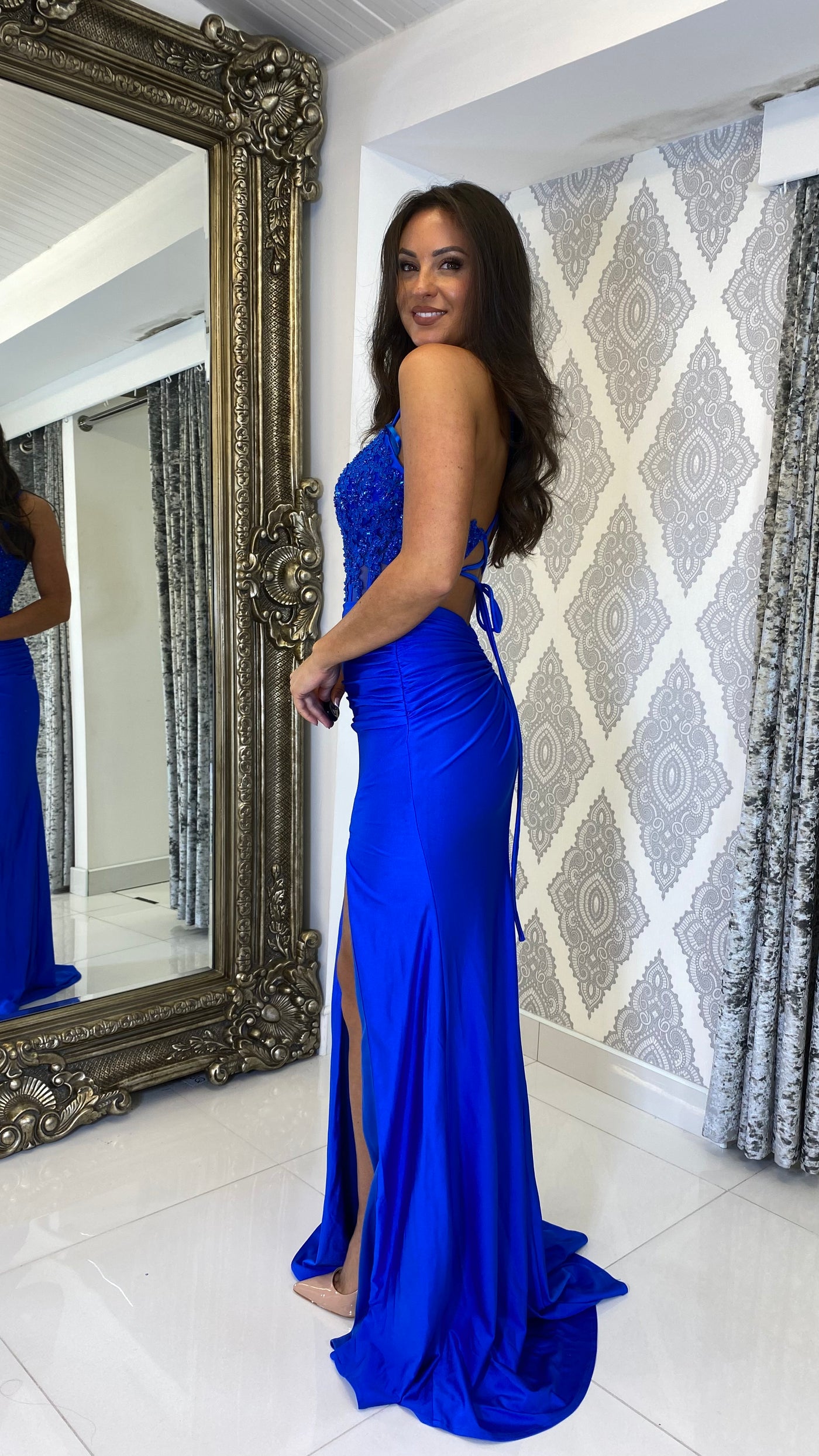 Royal Blue Corset Lace Top Detailed Prom Evening Gown Rosies Closet
