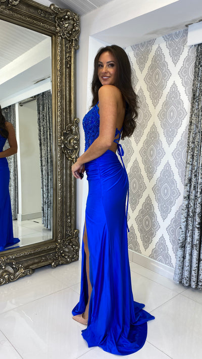 Royal Blue Corset Lace Top Detailed Prom Evening Gown