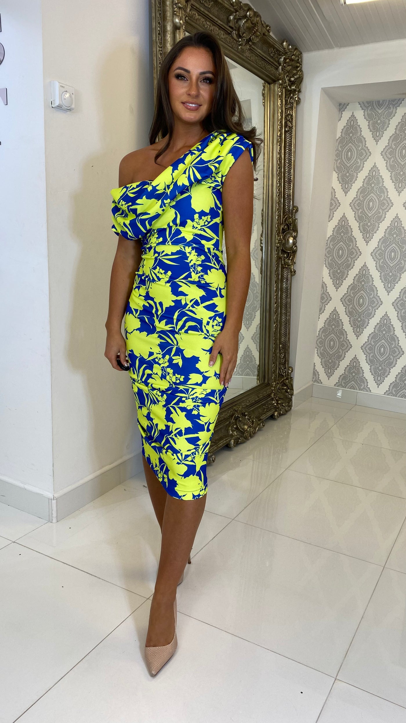 Cobalt and Lime Floral Print Drape Shoulder Midi Bodycon Dress