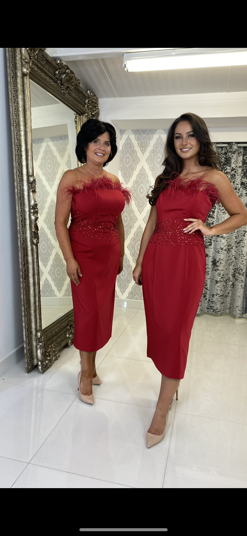 Dark Red Feather Strapless Midi Cocktail Dress