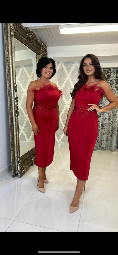 Dark Red Feather Strapless Midi Cocktail Dress