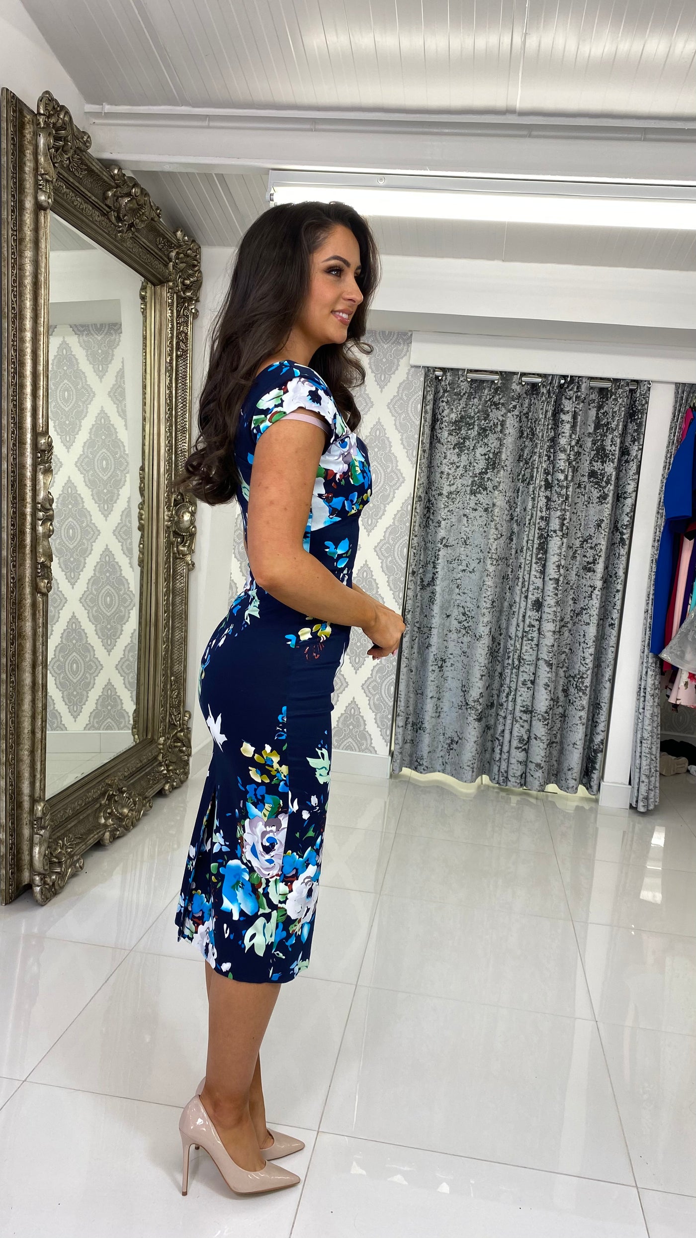 Navy Floral Square Neck Pencil Dress